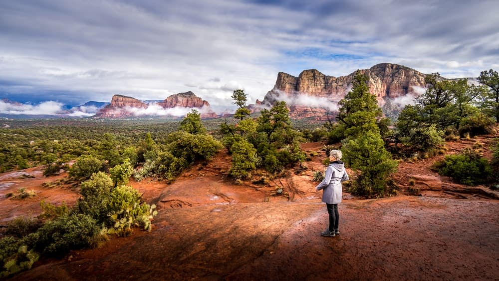 A person stands on a rocky outcrop, gazing at a vast landscape of red rock formations and green trees under a cloudy sky.