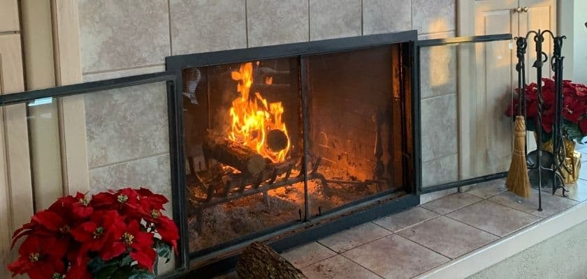 A cozy fireplace with flames and red poinsettias nearby.