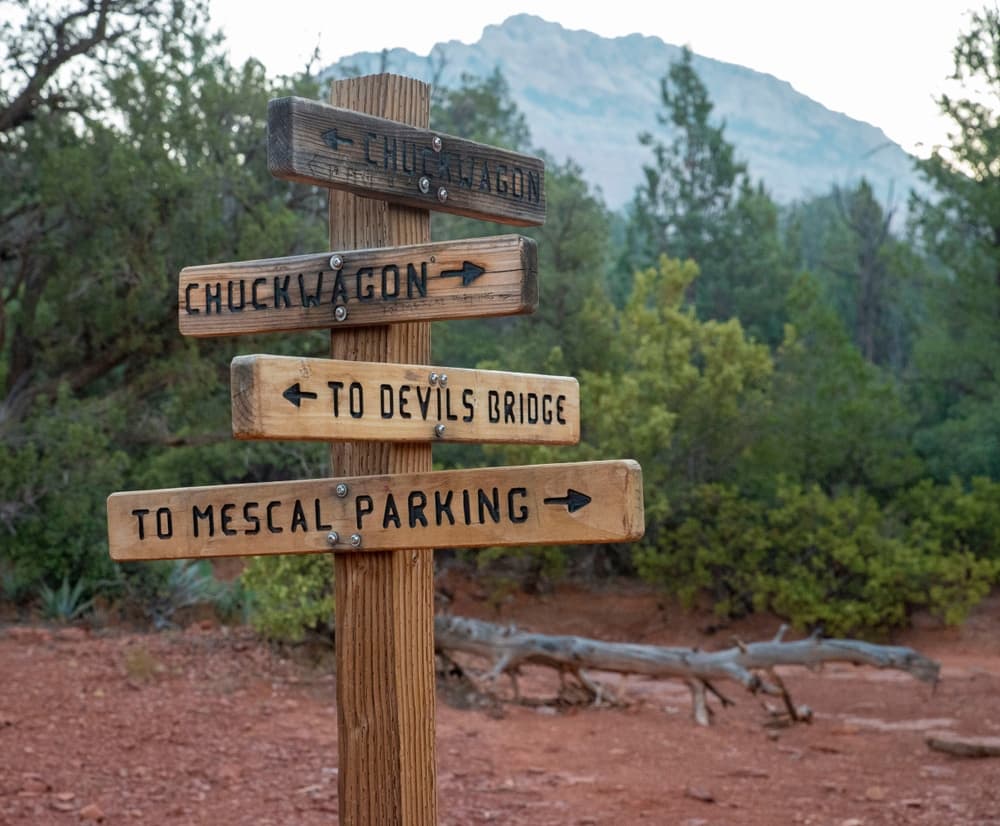 Wooden directional signpost in a forest, pointing to various trails and parking areas.