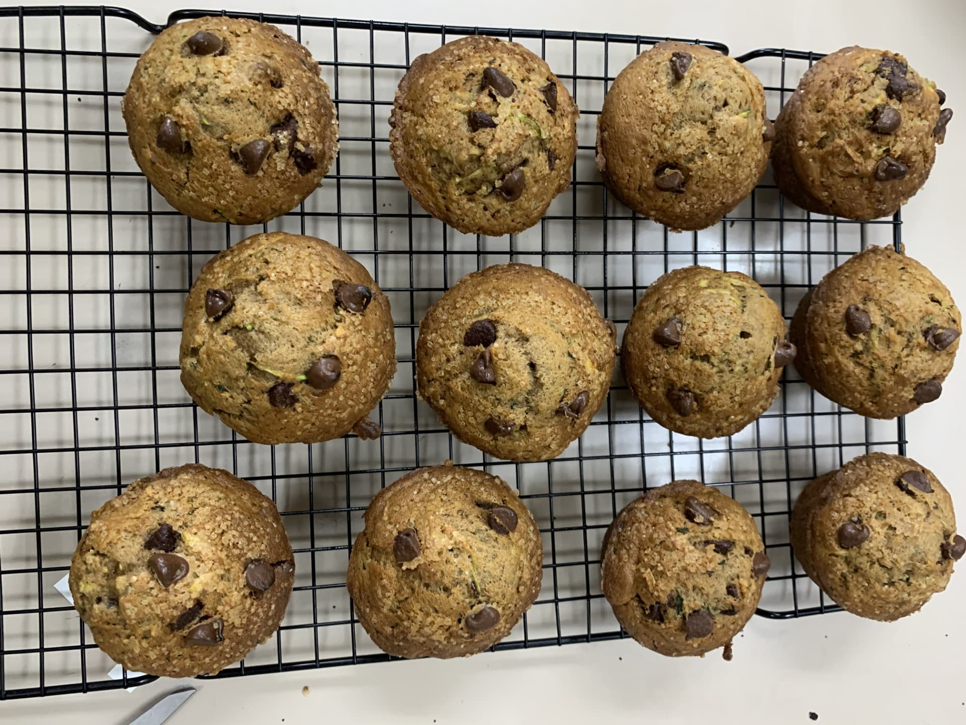 A cooling rack with freshly baked muffins topped with chocolate chips.